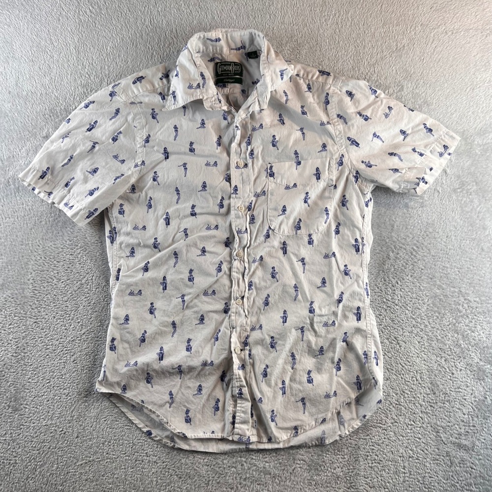 VTG Gitman Bros Pin-Up Girl Print Short Sleeve Shirt Men S white blue USA Made
